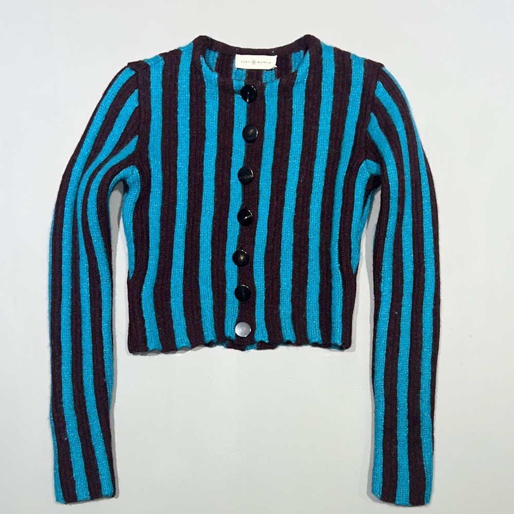 Tory Burch Teal and Black Striped Cardigan sz XS